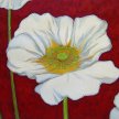 Title: White Poppy on Red  Artist: Adam Guan  Medium: Acrylic on Paper  Image Number: FA 0022 AG  Size: 22 x 28